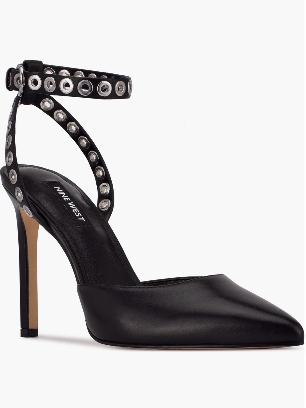 Nine West Black Pointed Pump with Silver Grommet Ankle Straps